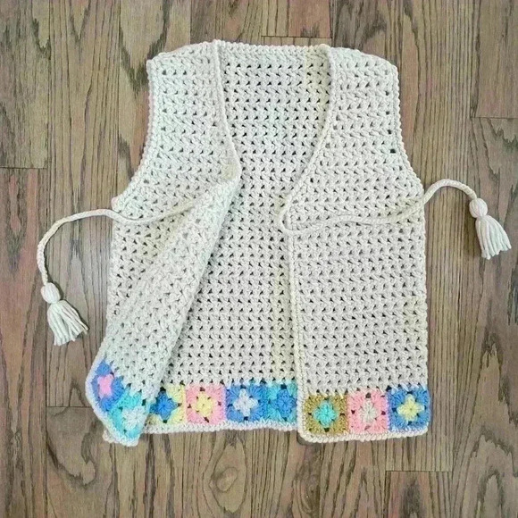 Crochet Cream and Multicolor Granny Square Tie Front with Tassle Wool Boho Vest - Picture 9 of 15